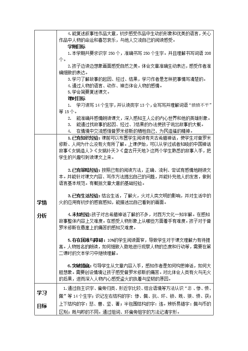 部编版四年级上册教学评助课时备课设计《普罗米修斯》教案02