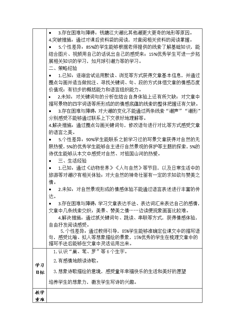 部编版四上《现代诗二首》第1课时教学评助课时备课设计教案03