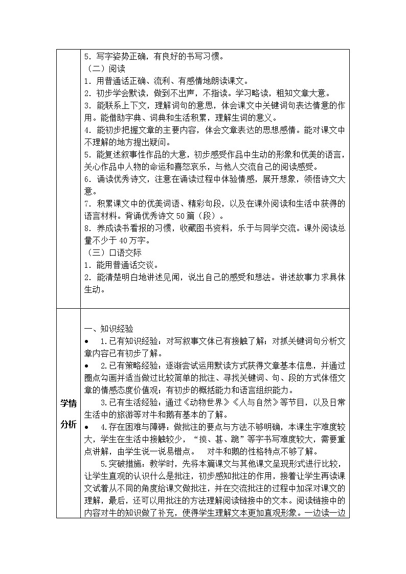 部编版四上语文教学评助课时备课设计18《牛和鹅》教案02