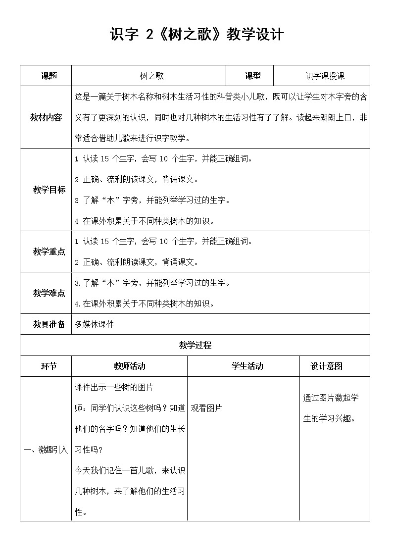 部编人教版二年级语文上册识字2《树之歌》教案公开课教学设计 (1)第1页