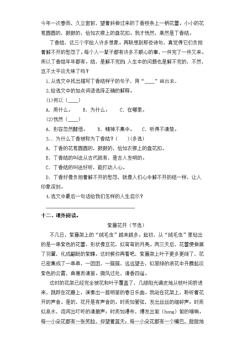 六年级上册语文同步练习-第2课 丁香结 部编版（含答案）第3页