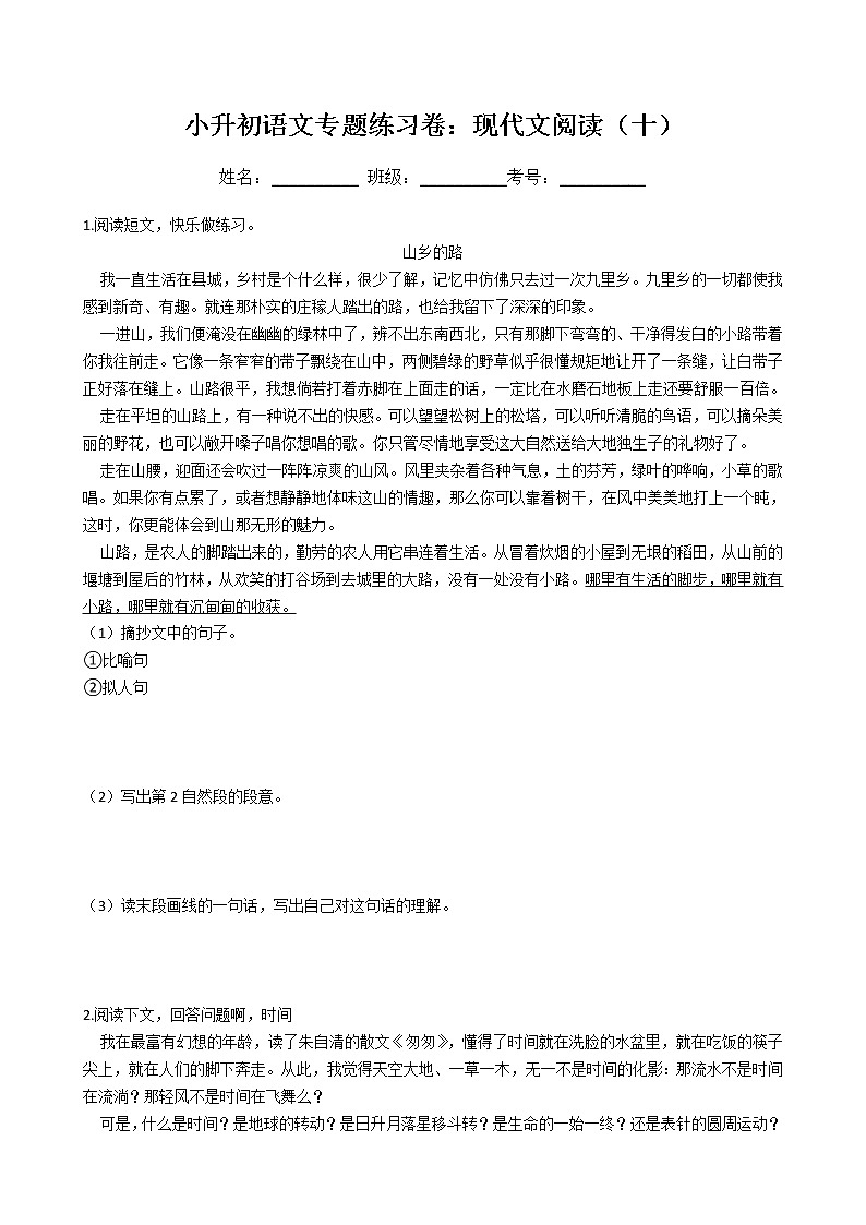 小升初语文专题练习卷：现代文阅读（十）（Word版，含答案）第1页