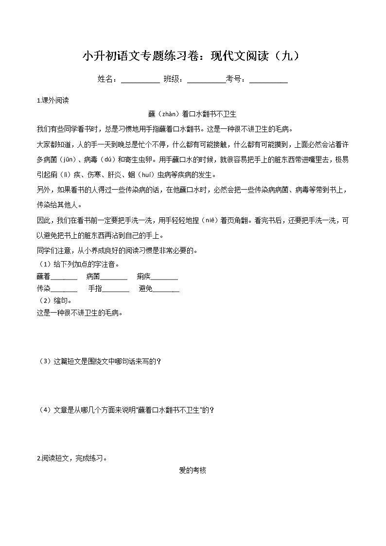 小升初语文专题练习卷：现代文阅读（九）（Word版，含答案）第1页