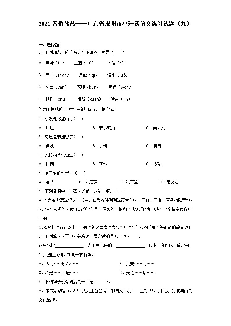 2021暑假预热——广东省揭阳市小升初语文练习试题（九）第1页
