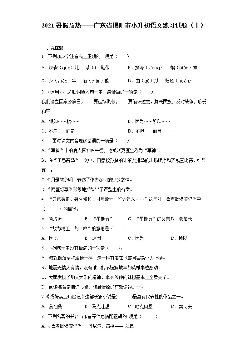 2021暑假预热——广东省揭阳市小升初语文练习试题（十）第1页