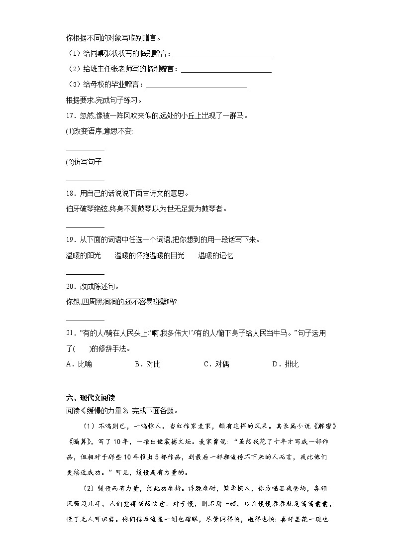 2021暑假预热——广东省揭阳市小升初语文练习试题（十）第3页