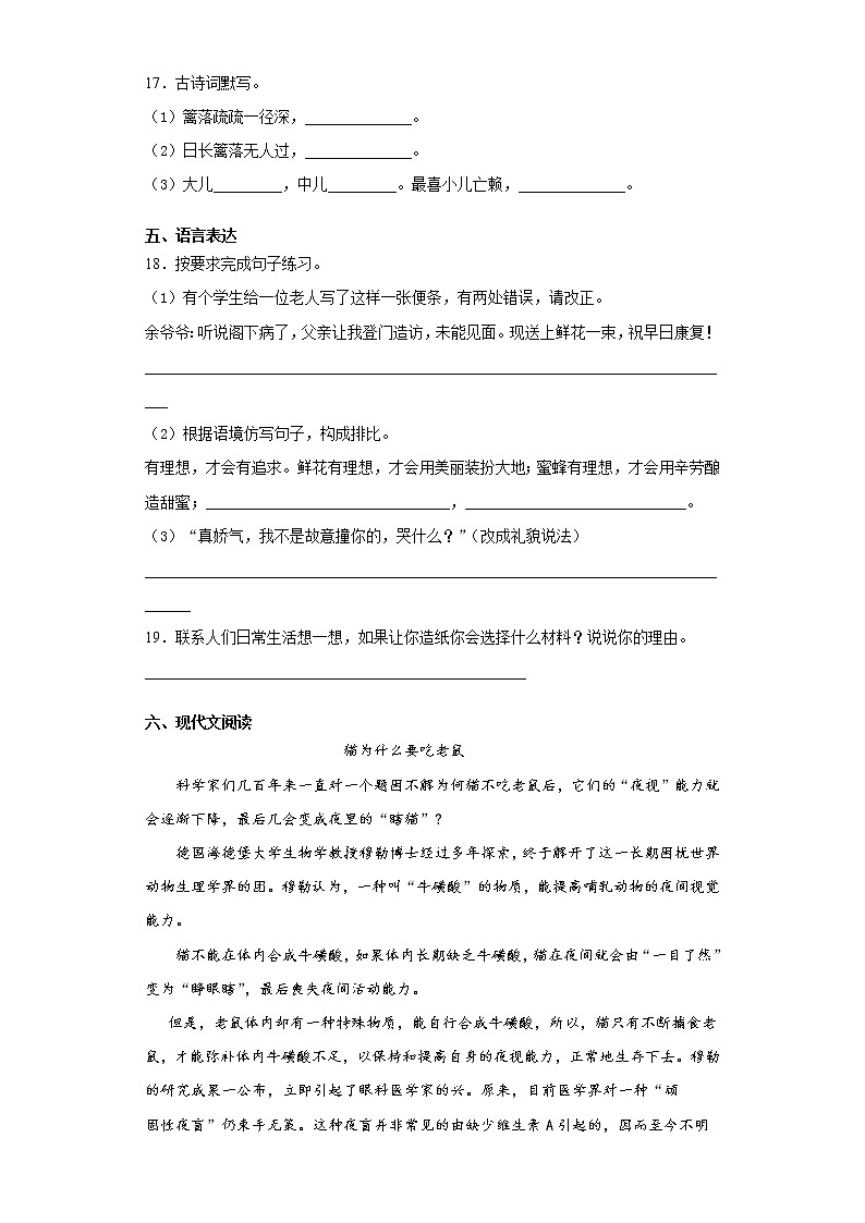 2021暑假预热——广东省揭阳市小升初语文练习试题（十七）第3页