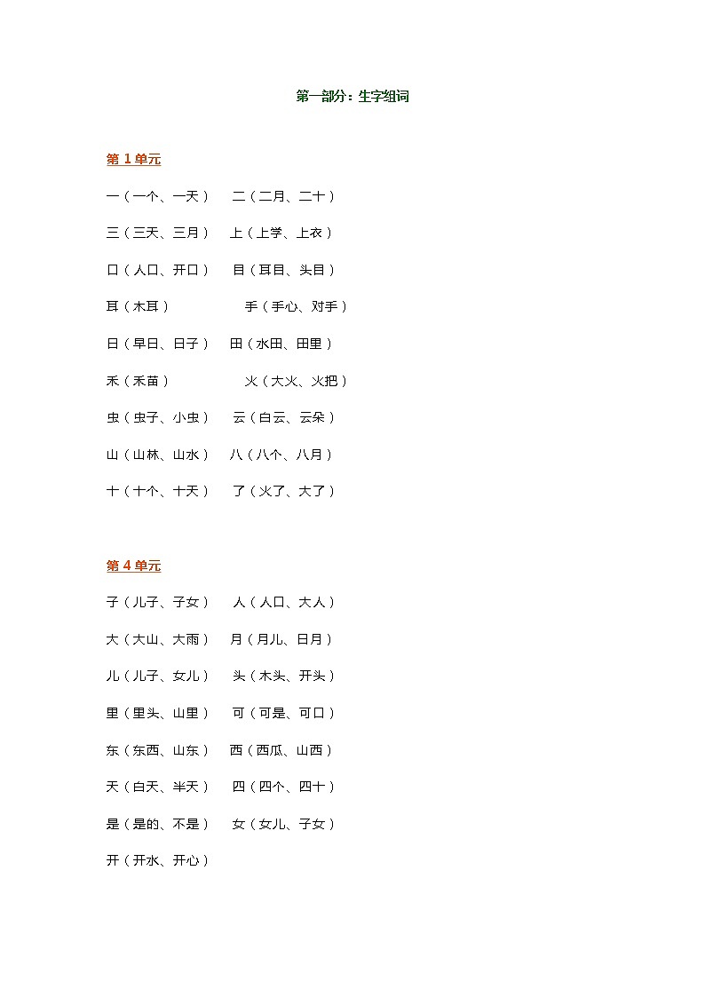 部编版一年级语文上册知识要点预习学案01