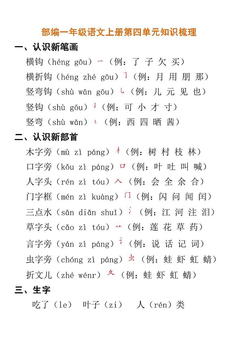 部编一年级语文上册第四单元知识梳理学案01