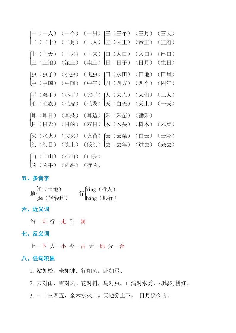 部编一年级语文上册第一单元：要点知识+口语交际+学习园地+单元检测卷学案02