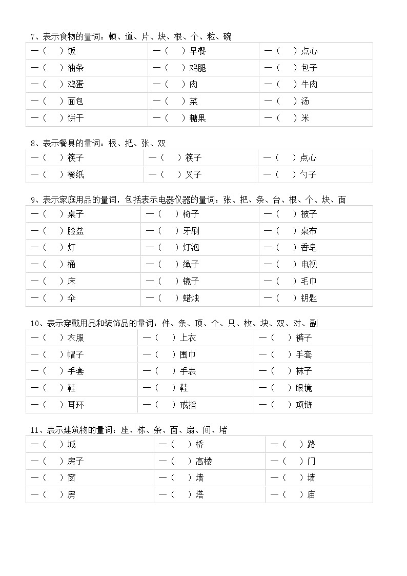 小学语文部编版一年级下册《量词填空》专项练习（共18组，附参考答案）02