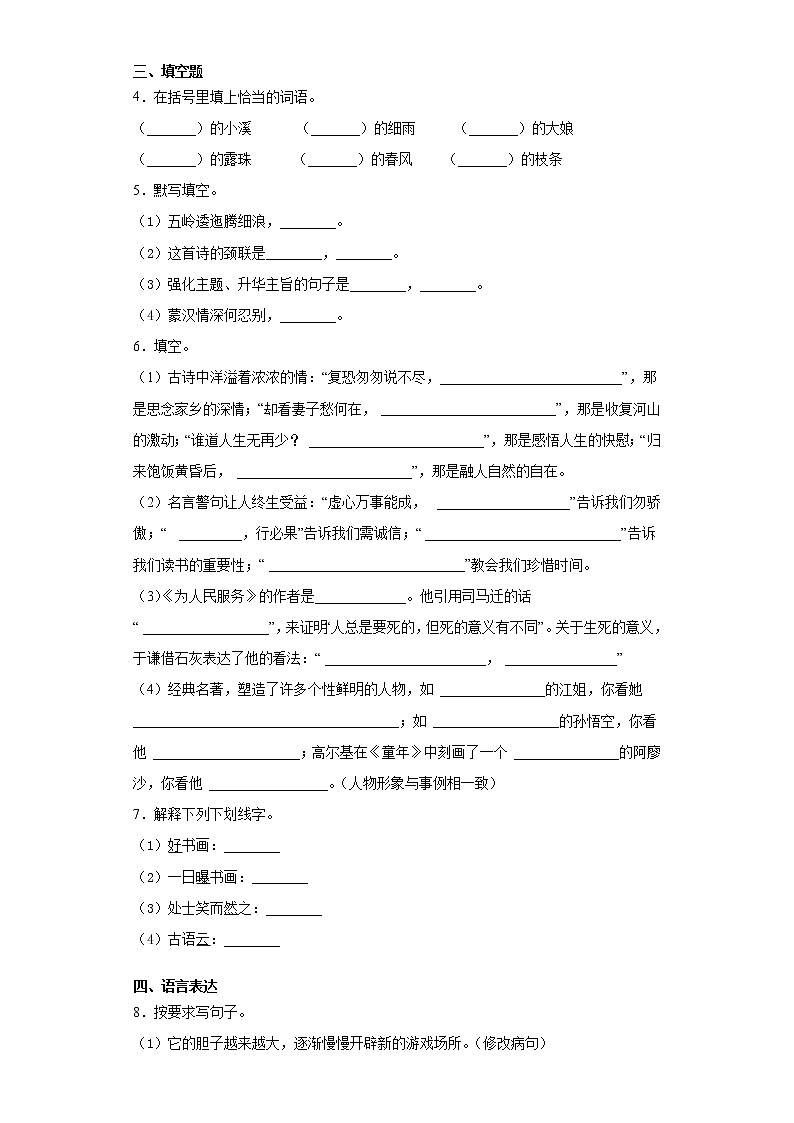 2021暑假预热——陕西省渭南市小升初语文练习试题（十二）02