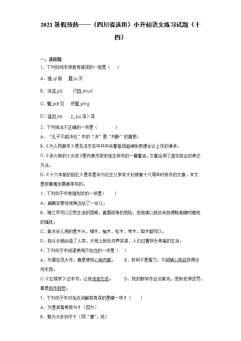 2021暑假预热——（四川省适用）小升初语文练习试题（十四）第1页