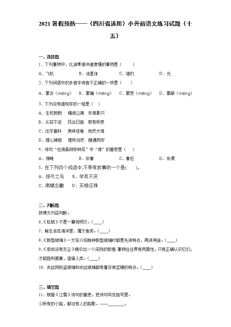 2021暑假预热——（四川省适用）小升初语文练习试题（十五）01