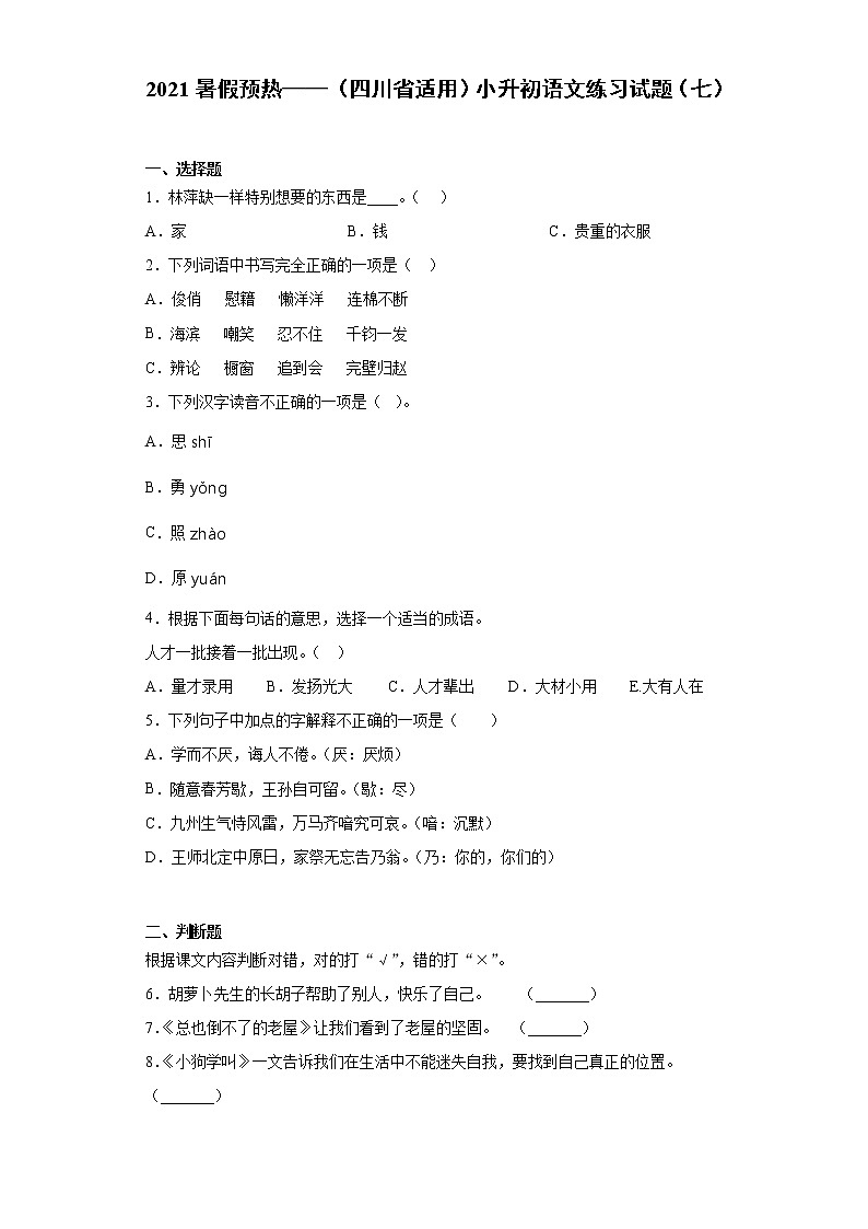 2021暑假预热——（四川省适用）小升初语文练习试题（七）01