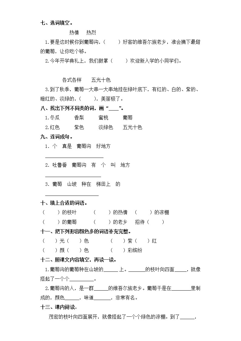 二年级上册语文同步练习-第11课 葡萄沟 部编版（含答案）02