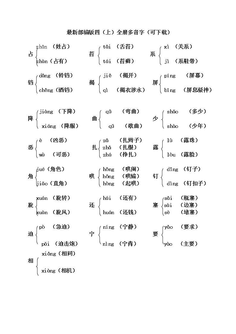 最新部编版四（上）全册多音字（可下载）学案第1页