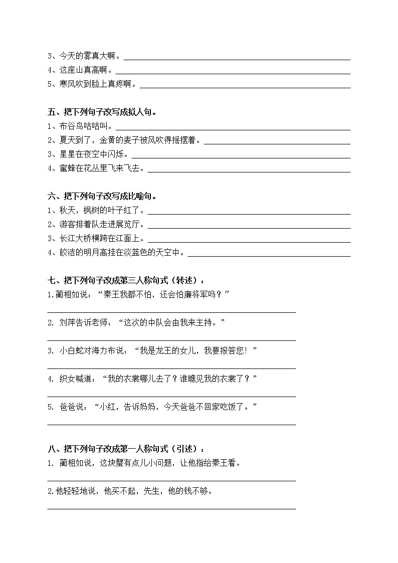 部编版语文五上句子专项练习02