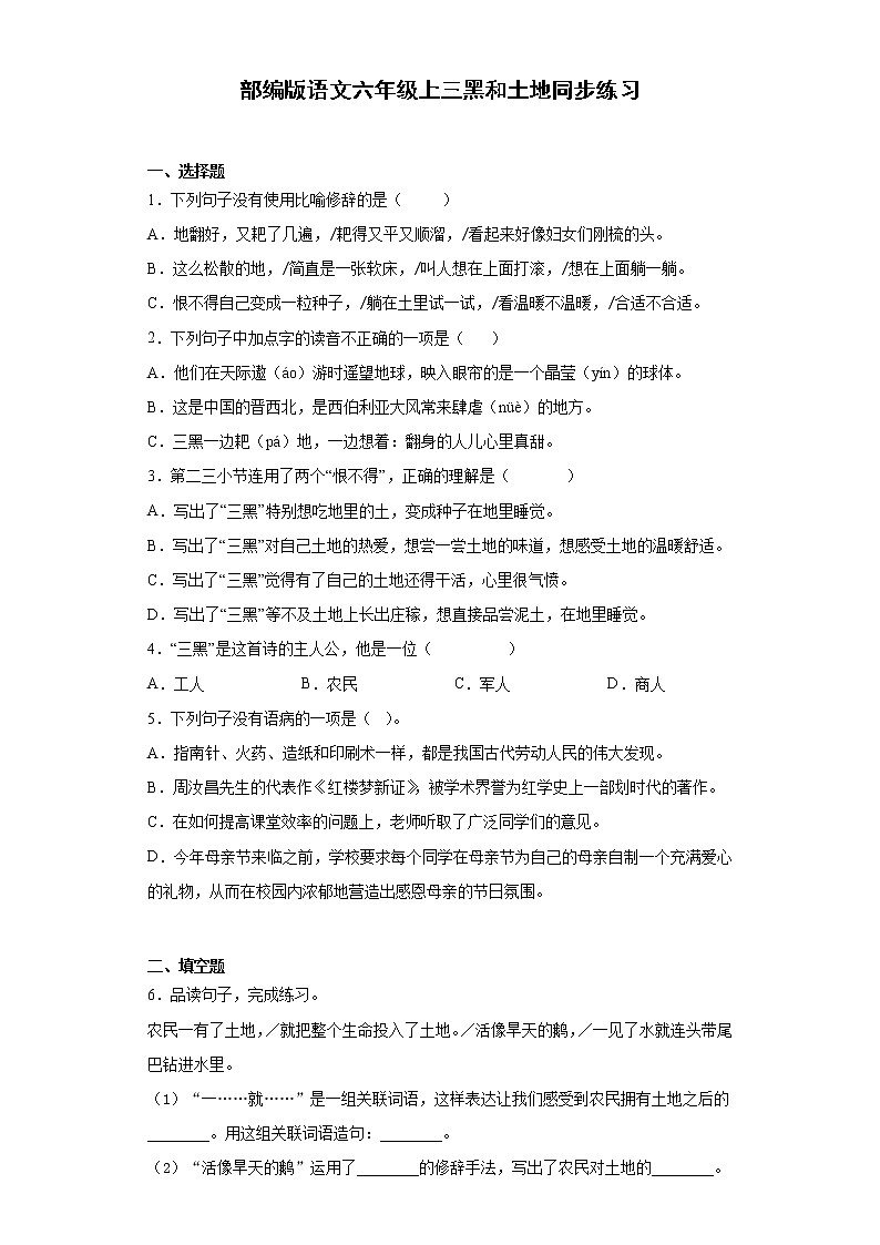 部编版语文六年级上三黑和土地同步练习01