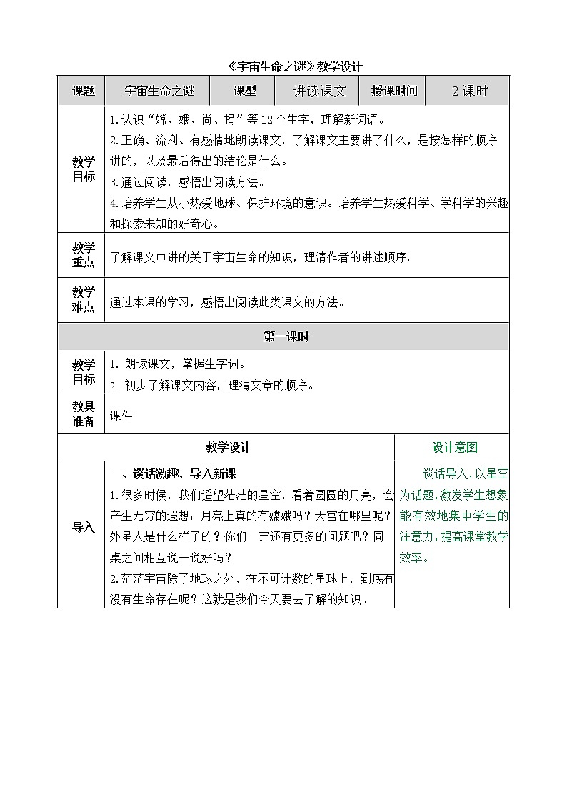 2021年人教部编版（五四制）六年级语文上册：第三单元 第10课《宇宙生命之谜》-教案01