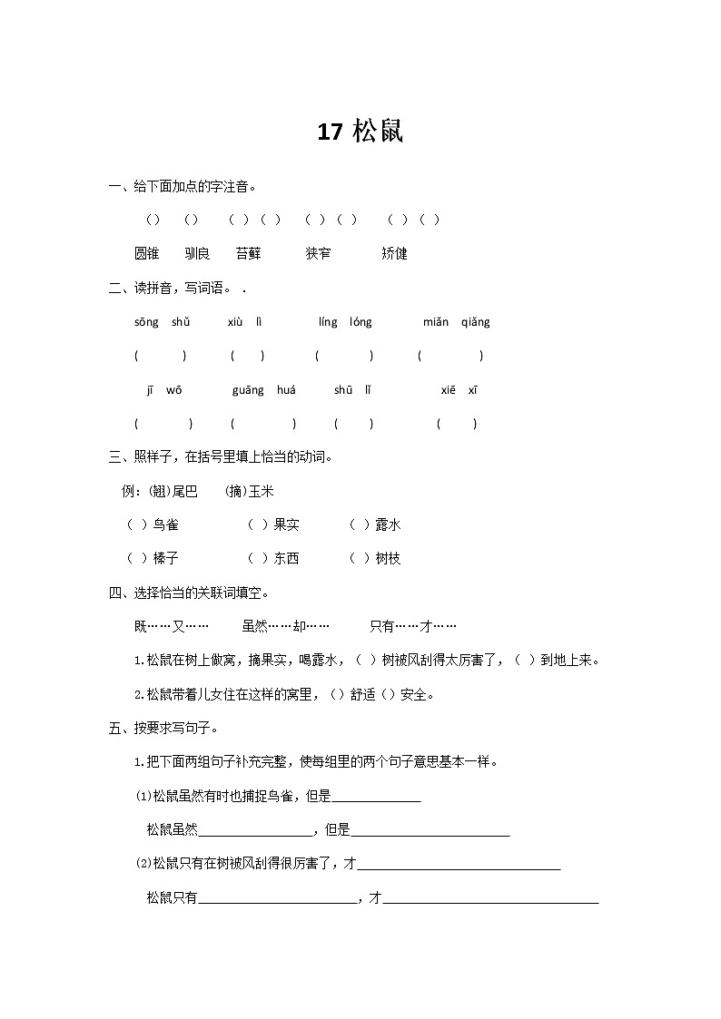 五年级上册语文第17课松鼠同步练习题及答案第1页