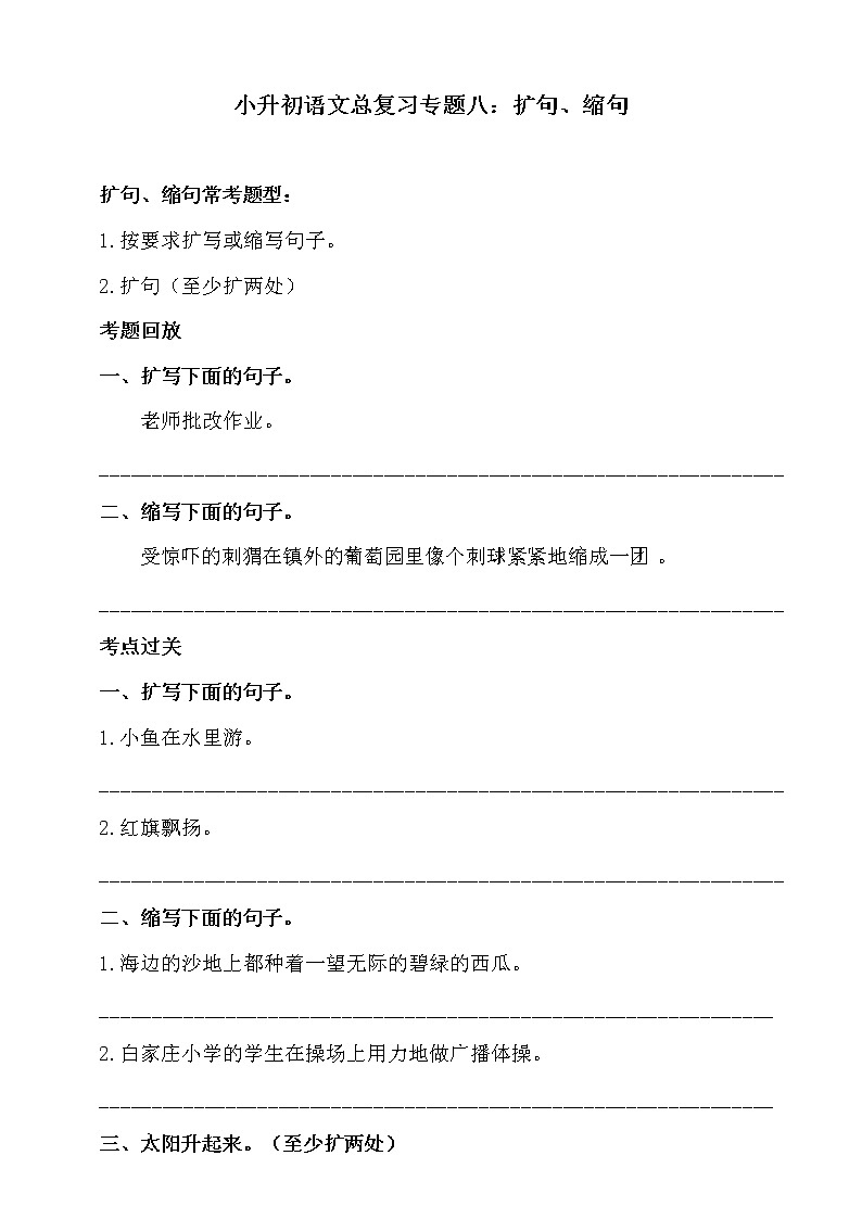 部编版小升初语文总复习八·扩句、缩句同步练习（含答案）01