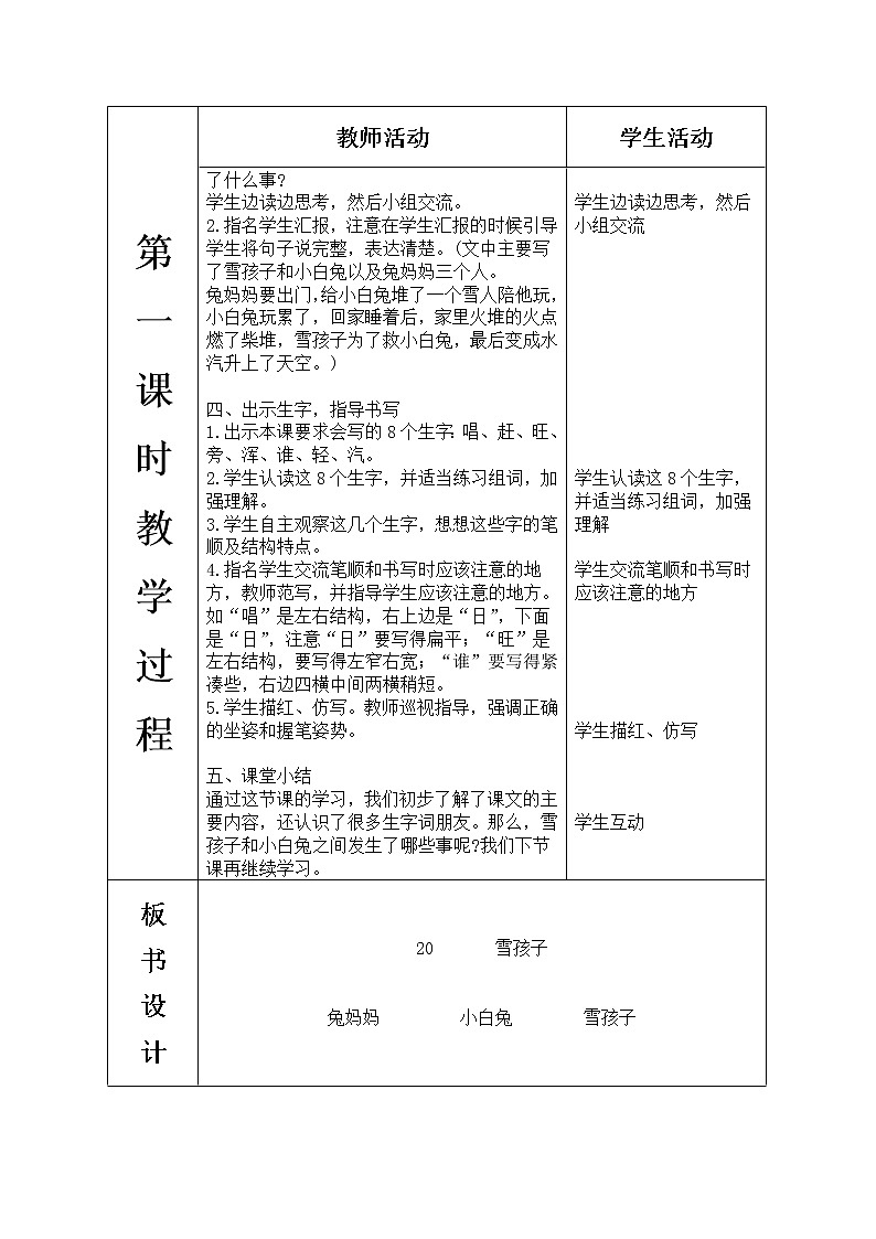 人教版语文二年级上册表格式教案(每课后有反思）第七单元--20.雪孩子第3页