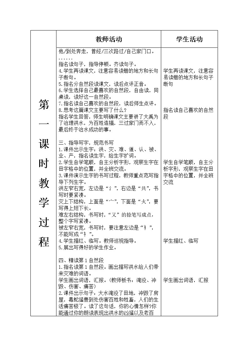 人教版语文二年级上册表格式教案(每课后有反思）第六单元--15.大禹治水03