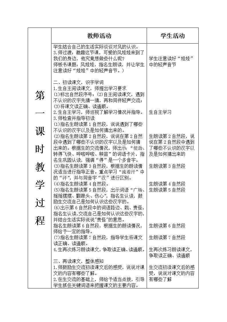 人教版语文二年级上册表格式教案(每课后有反思）第八单元--24.风娃娃02