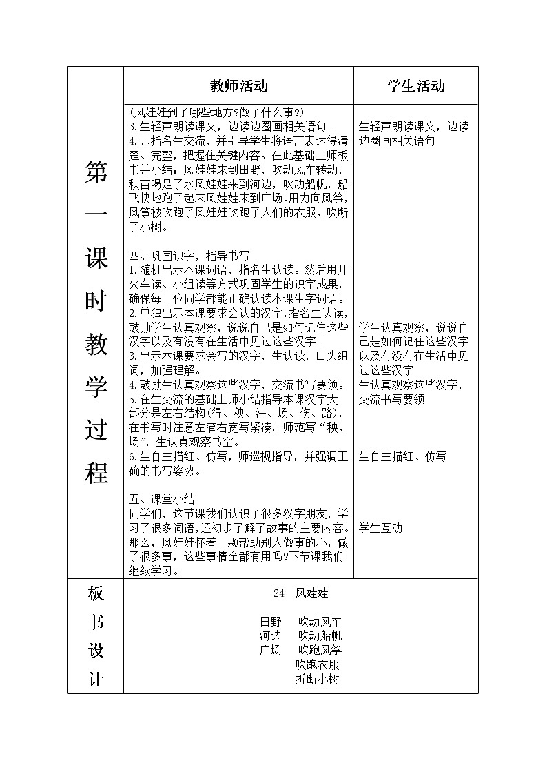 人教版语文二年级上册表格式教案(每课后有反思）第八单元--24.风娃娃03