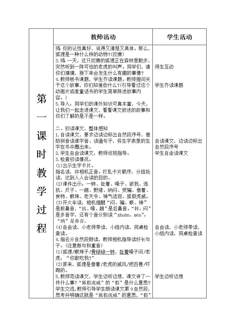 人教版语文二年级上册表格式教案(每课后有反思）第八单元--21.狐假虎威02