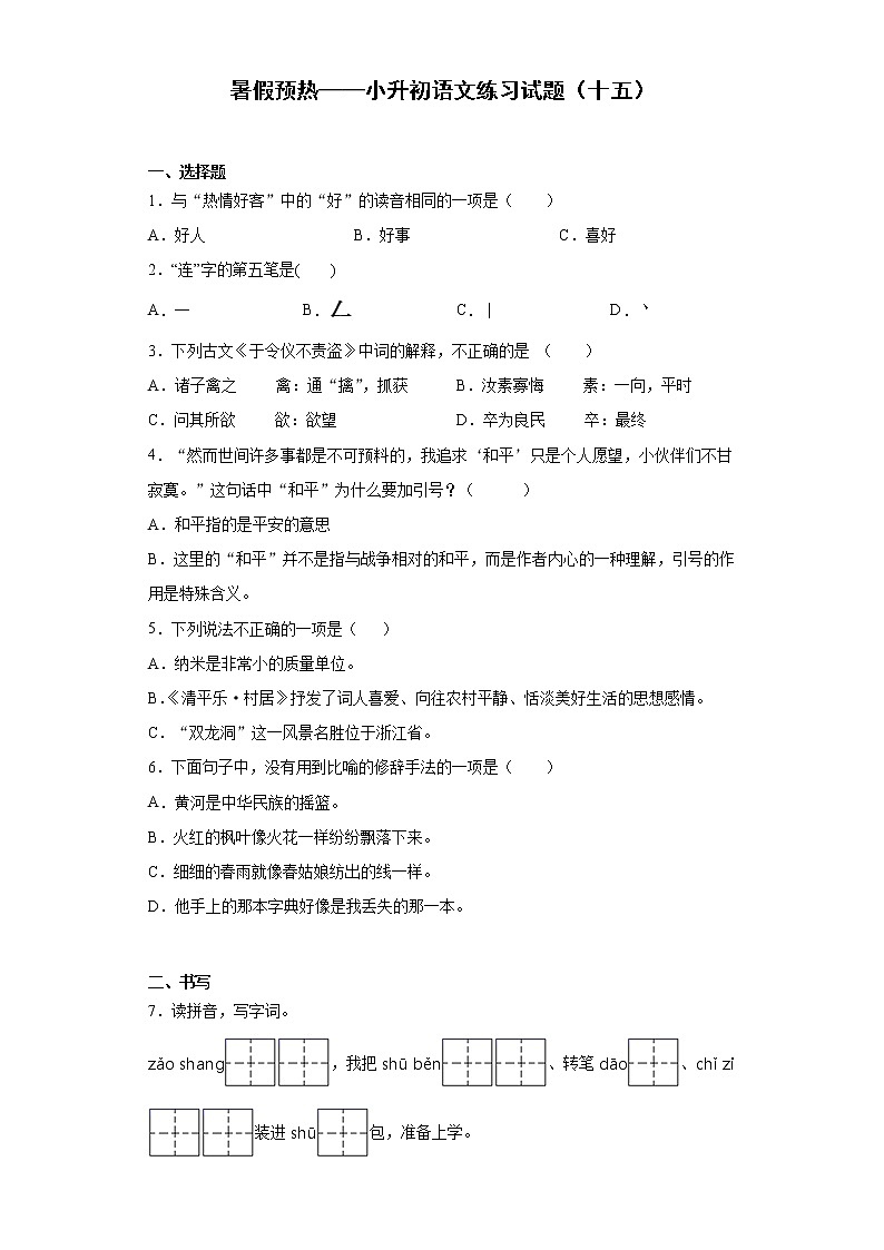 暑假预热——小升初语文练习试题（十五）第1页