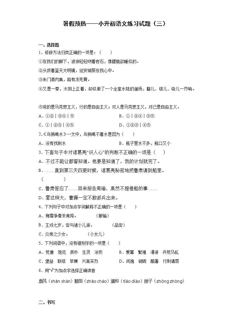 暑假预热——小升初语文练习试题（三）（含答案）第1页