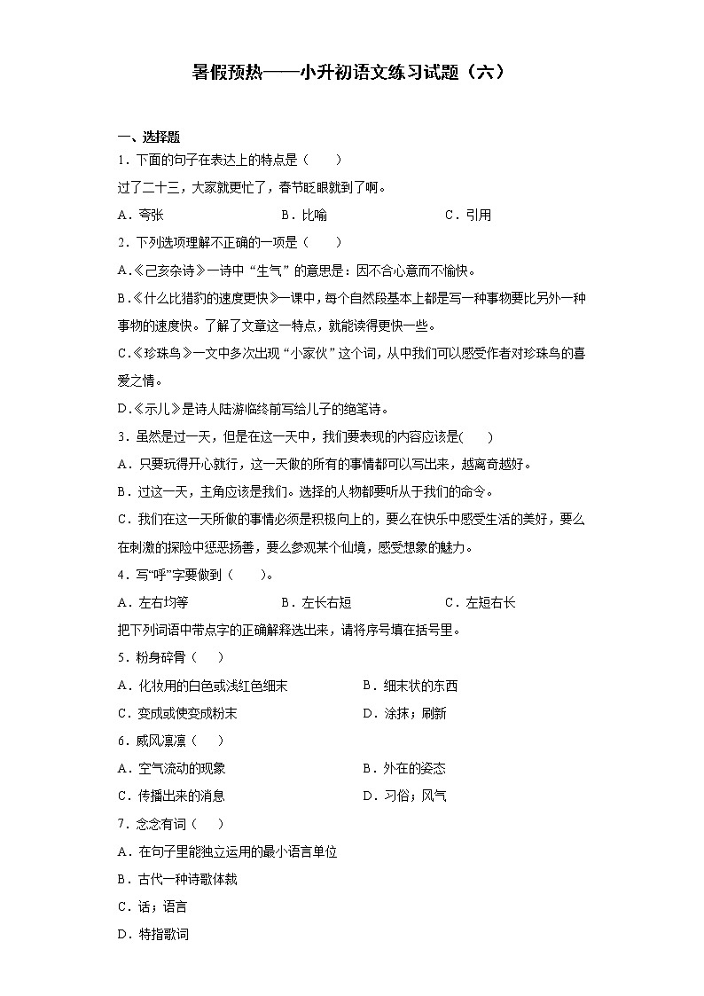 暑假预热——小升初语文练习试题（六）第1页