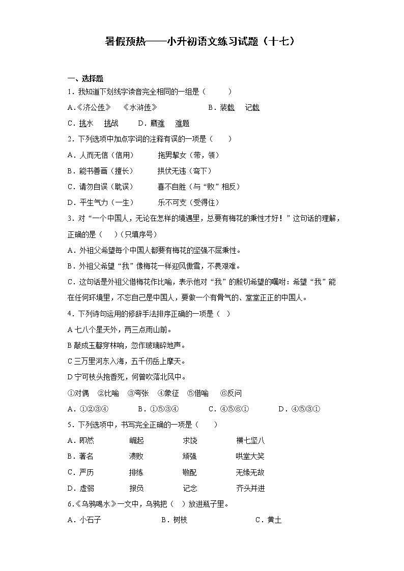 暑假预热——小升初语文练习试题（十七）第1页