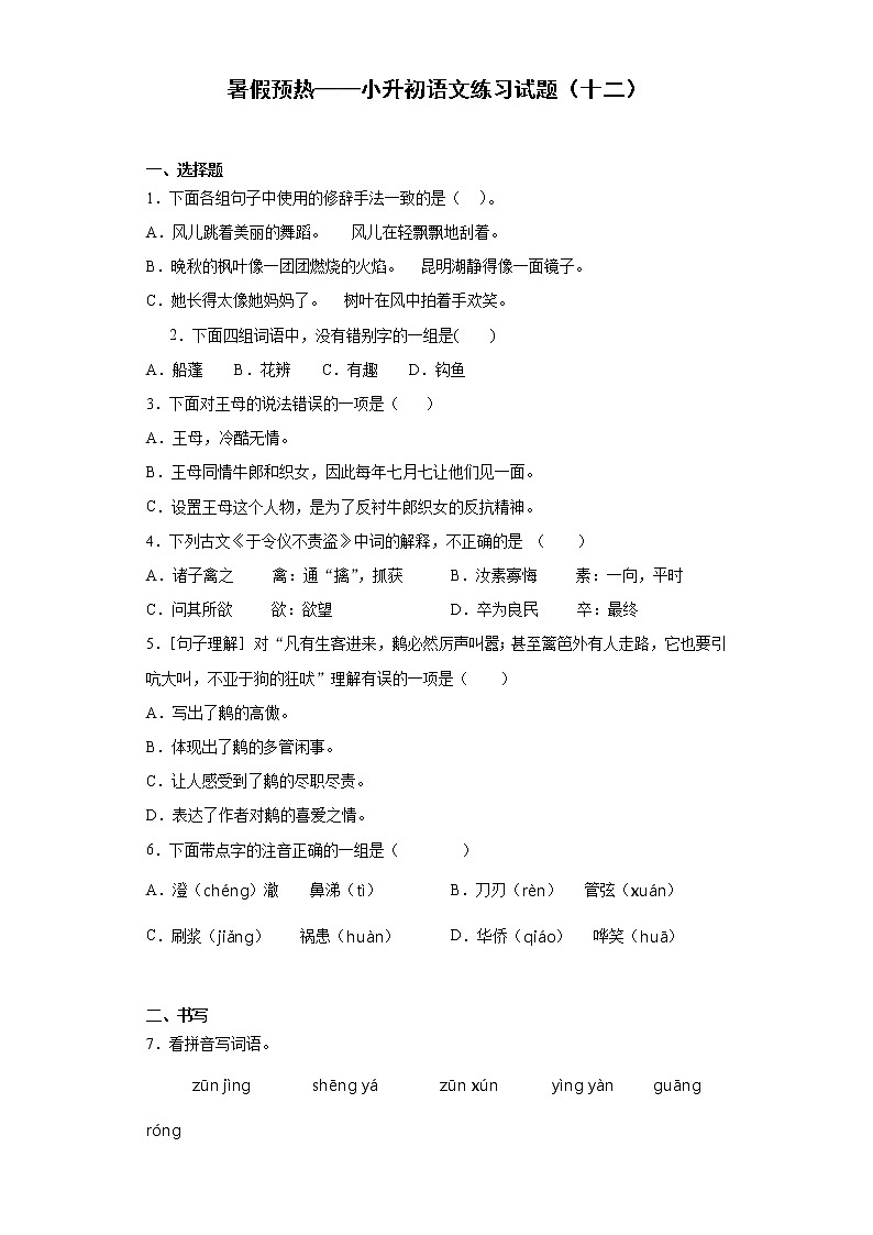 暑假预热——小升初语文练习试题（十二）第1页