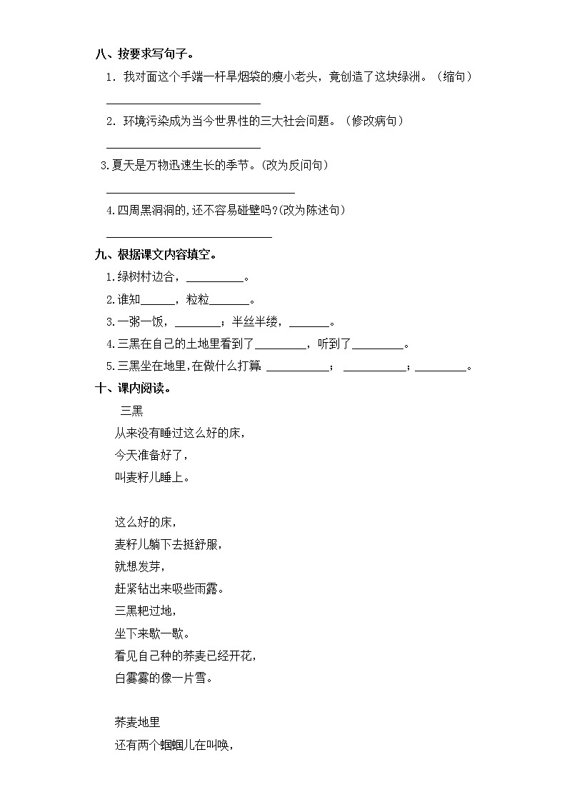 六年级上册语文同步练习-第21课 三黑和土地 部编版（含答案）02