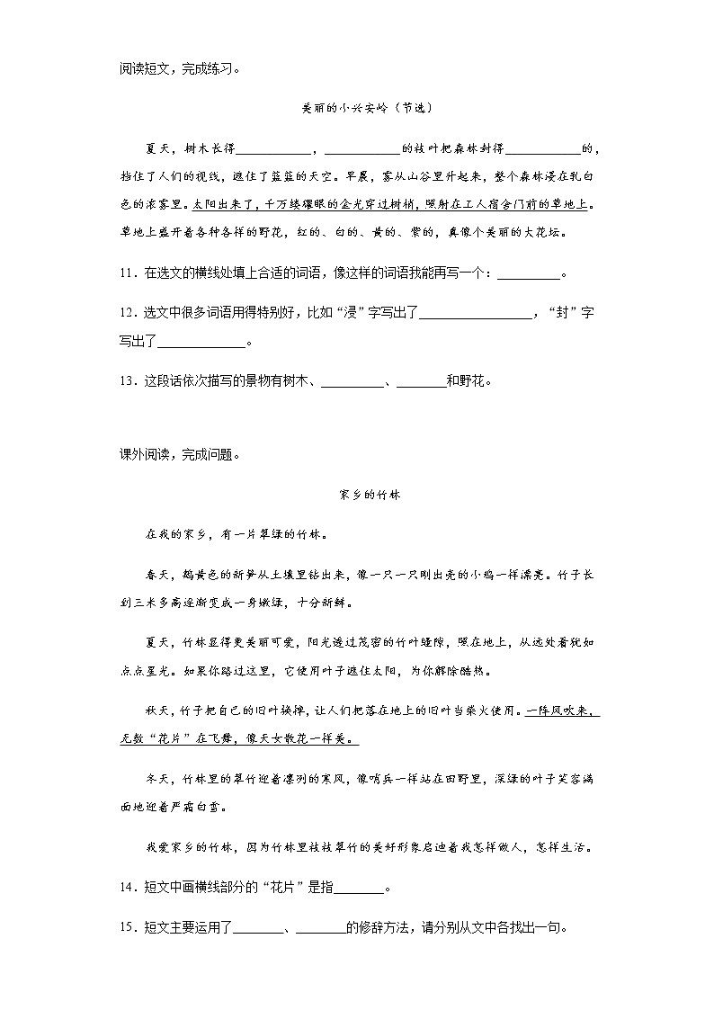 部编版语文三年级上美丽的小兴安岭同步练习第3页