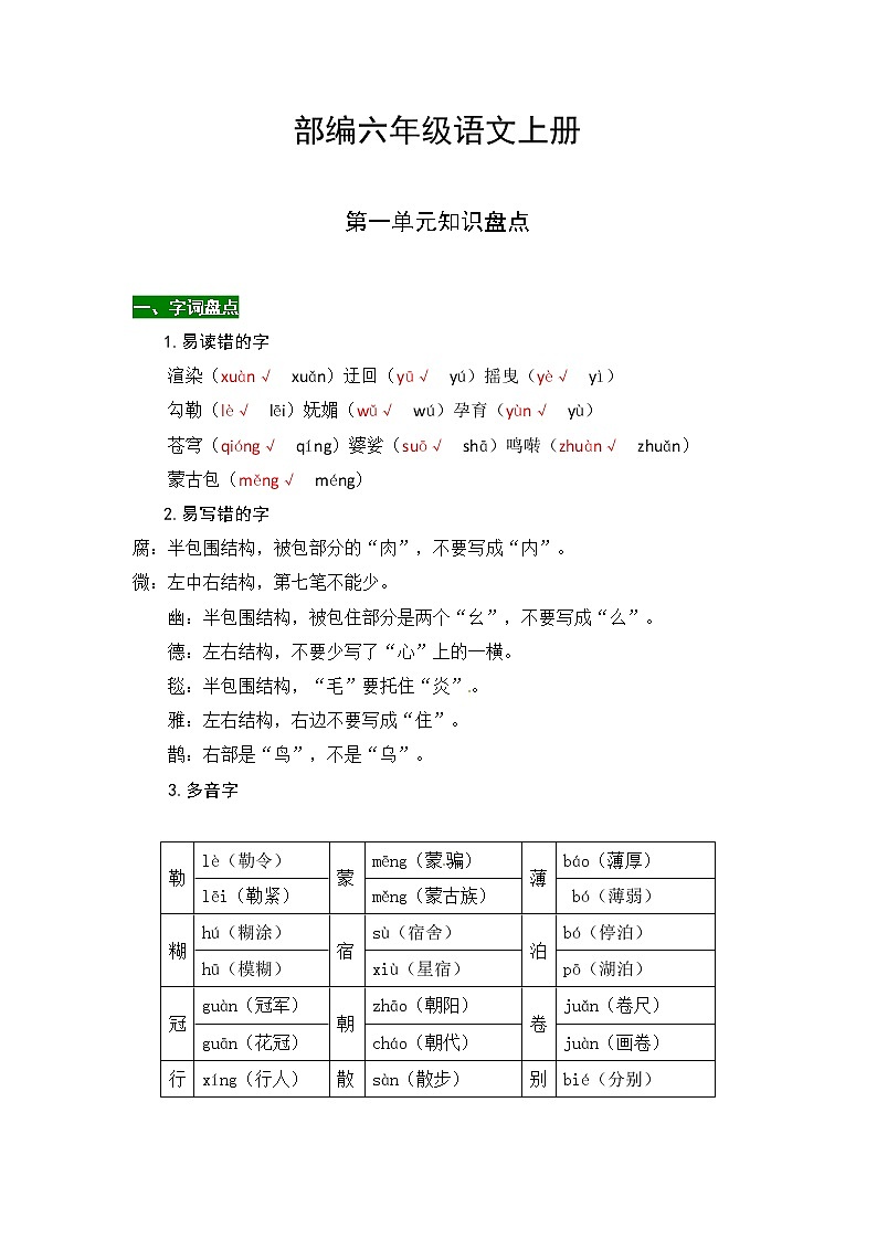 【热点难点一网打尽】部编版六年级语文上册第一单元知识点汇总（含字词、佳句、感知、考点）练习题01