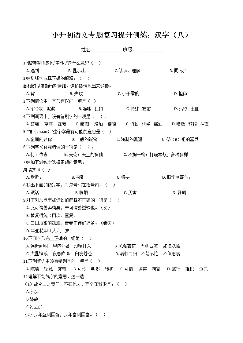 小升初语文专题复习提升训练：汉字（八）（Word版，含答案）第1页
