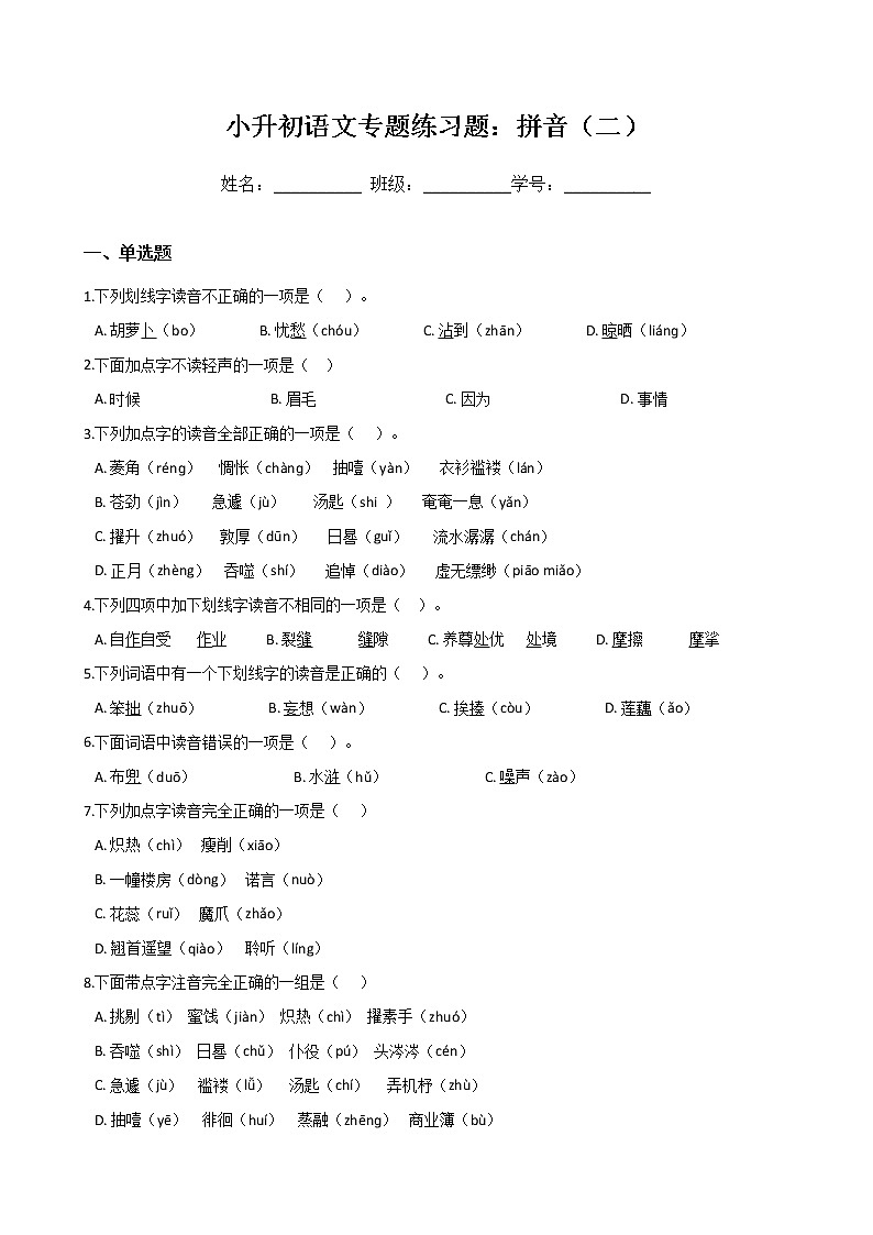 小升初语文专题练习题：拼音（二）（Word版，含答案）第1页