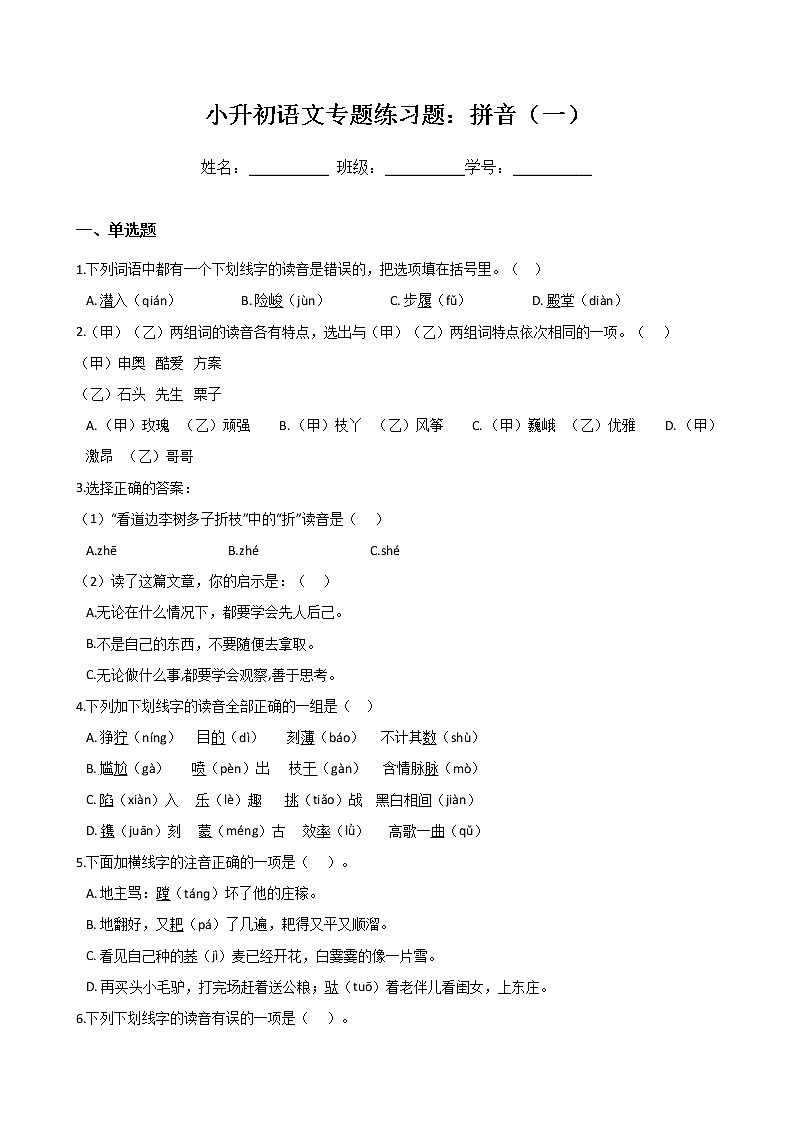 小升初语文专题练习题：拼音（一）（Word版，含答案）第1页
