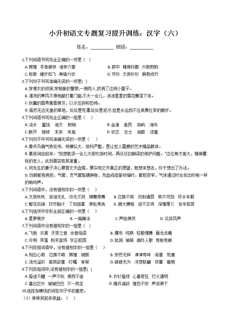 小升初语文专题复习提升训练：汉字（六）（Word版，含答案）第1页