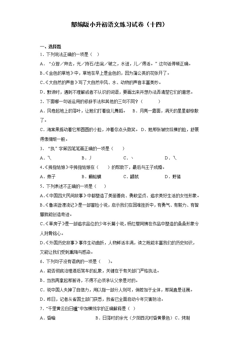 部编版小升初语文练习试卷（十四）第1页
