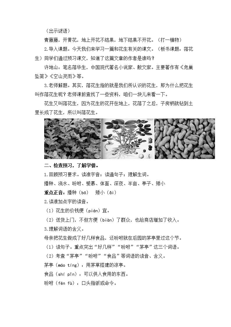 人教统编版语文五年级上册《落花生》教学设计第2页