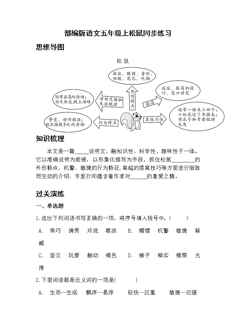 部编版语文五年级上松鼠同步练习第1页
