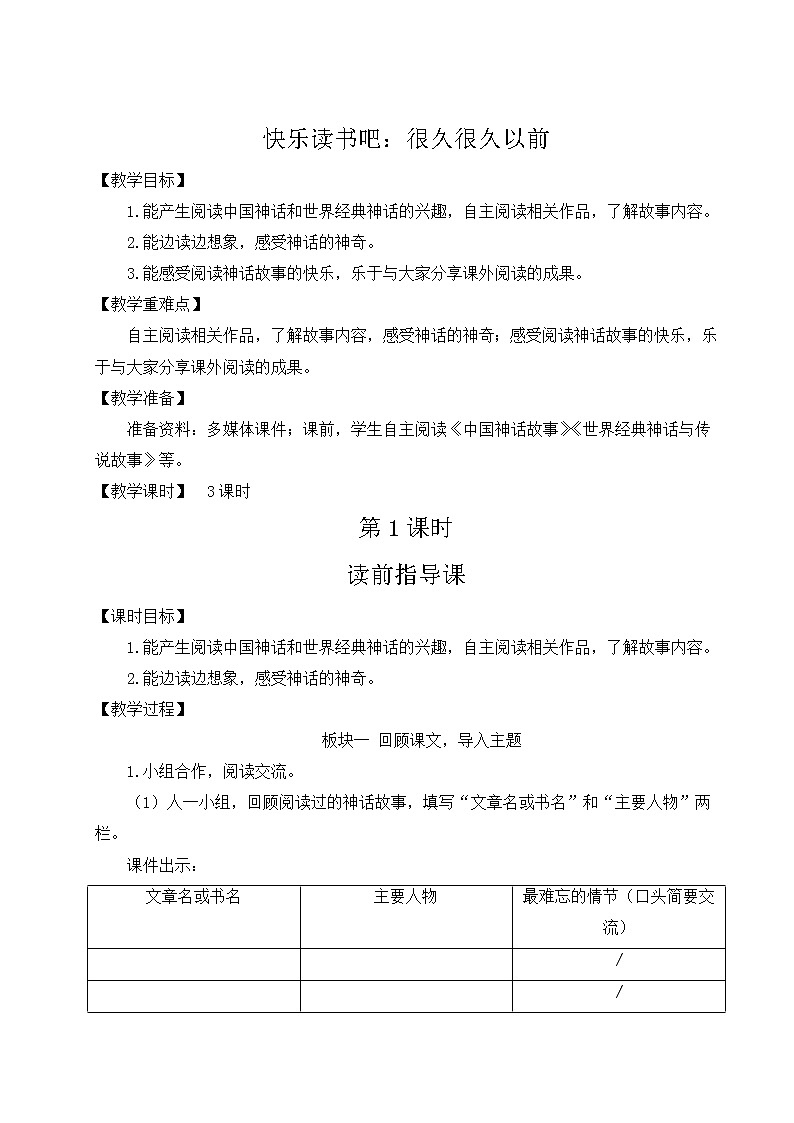部编版四上语文 快乐读书吧：很久很久以前  教案第1页