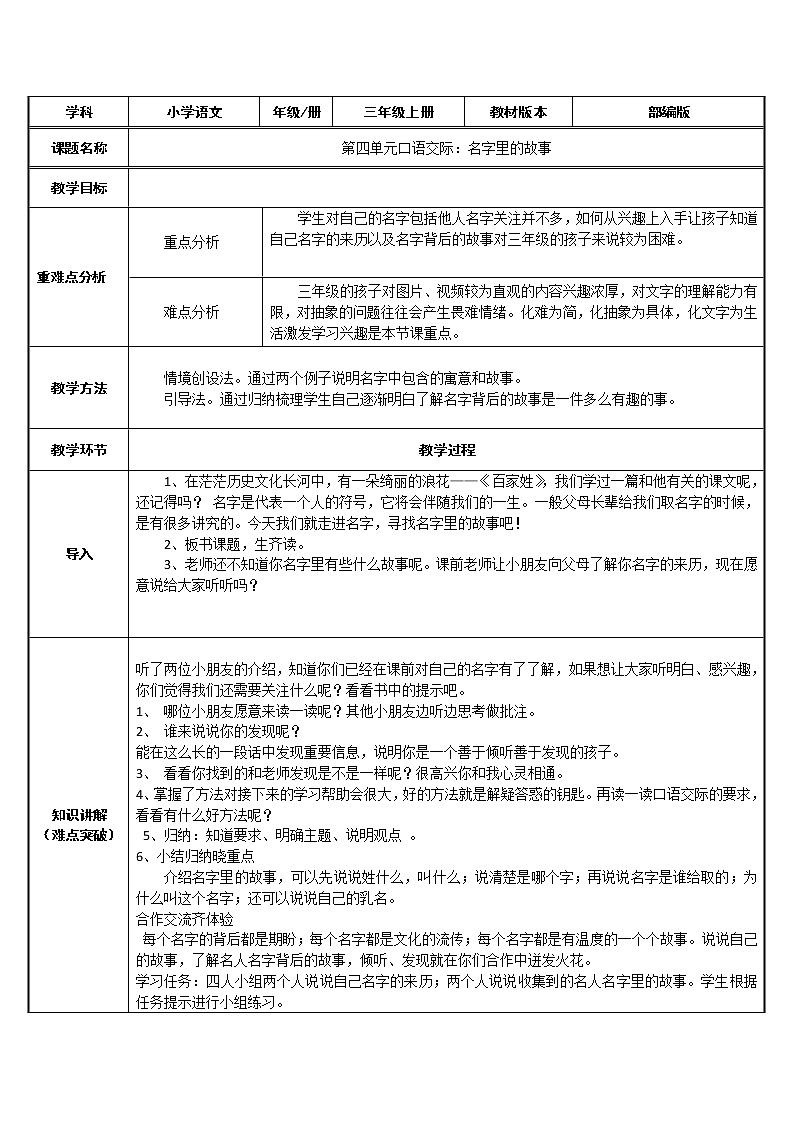 三年级语文上册教案-口语交际：名字里的故事-部编版01