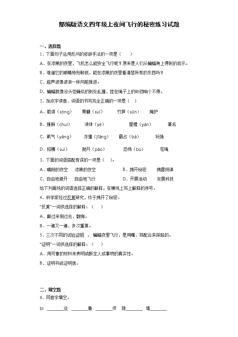 部编版语文四年级上夜间飞行的秘密练习试题01