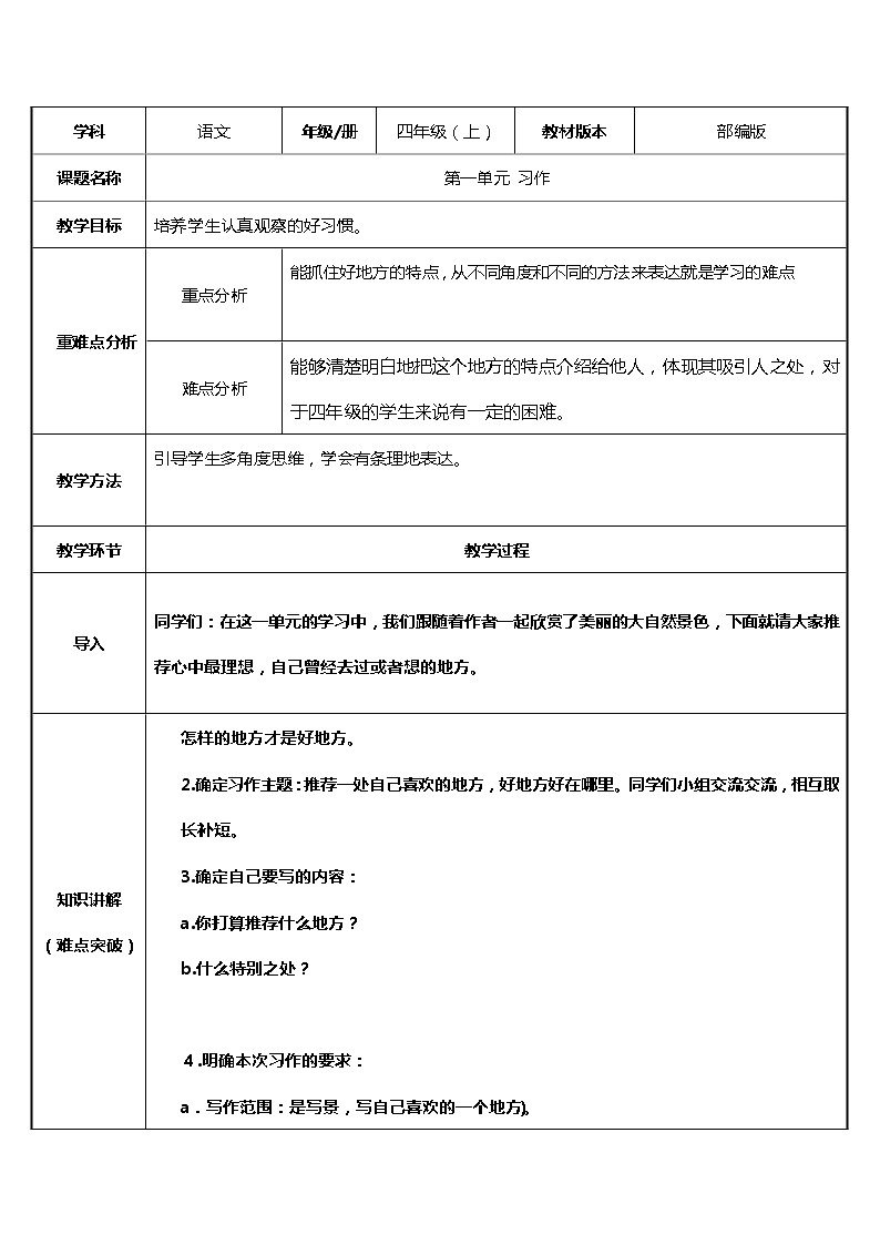 四年级语文上册教案-习作：推荐一个好地方1-部编版第1页